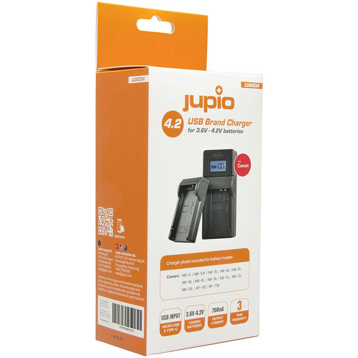 LCA0034  
jupio 4.2 USB Brand Charger for 3.6V-4.2V batteries  
Canon  
Japic.com  
Japa  
Ord. 0g 28 org  
Included for battery models: Charger plates NB-4L NB-5L NB-ILH NB-3L Canon: NB-IL N8-11L NB-120 NB-8L N8-94 NB-6 SI BP-110 BP-718 NB-13L  
OZIOSOLBLO 1909154  
700mA 3 USB INPUT 3.6V-4.2V YEAR OUTPUT WARRANTY USB CAMERA CURRENT MICRO BATTERIES & TYPE-C