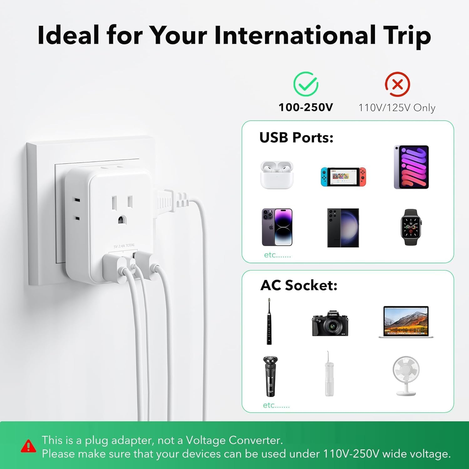 Ideal for Your International Trip

100-250V ✔️  
110V/125V Only ❌

USB Ports:  
- AirPods  
- Nintendo Switch  
- Smartphone  
- Smartwatch  
- etc......

AC Socket:  
- Camera  
- Laptop  
- Hair Dryer  
- Electric Shaver  
- Fan  
- etc......

This is a plug adapter, not a Voltage Converter.  
Please make sure that your devices can be used under 110V-250V wide voltage.