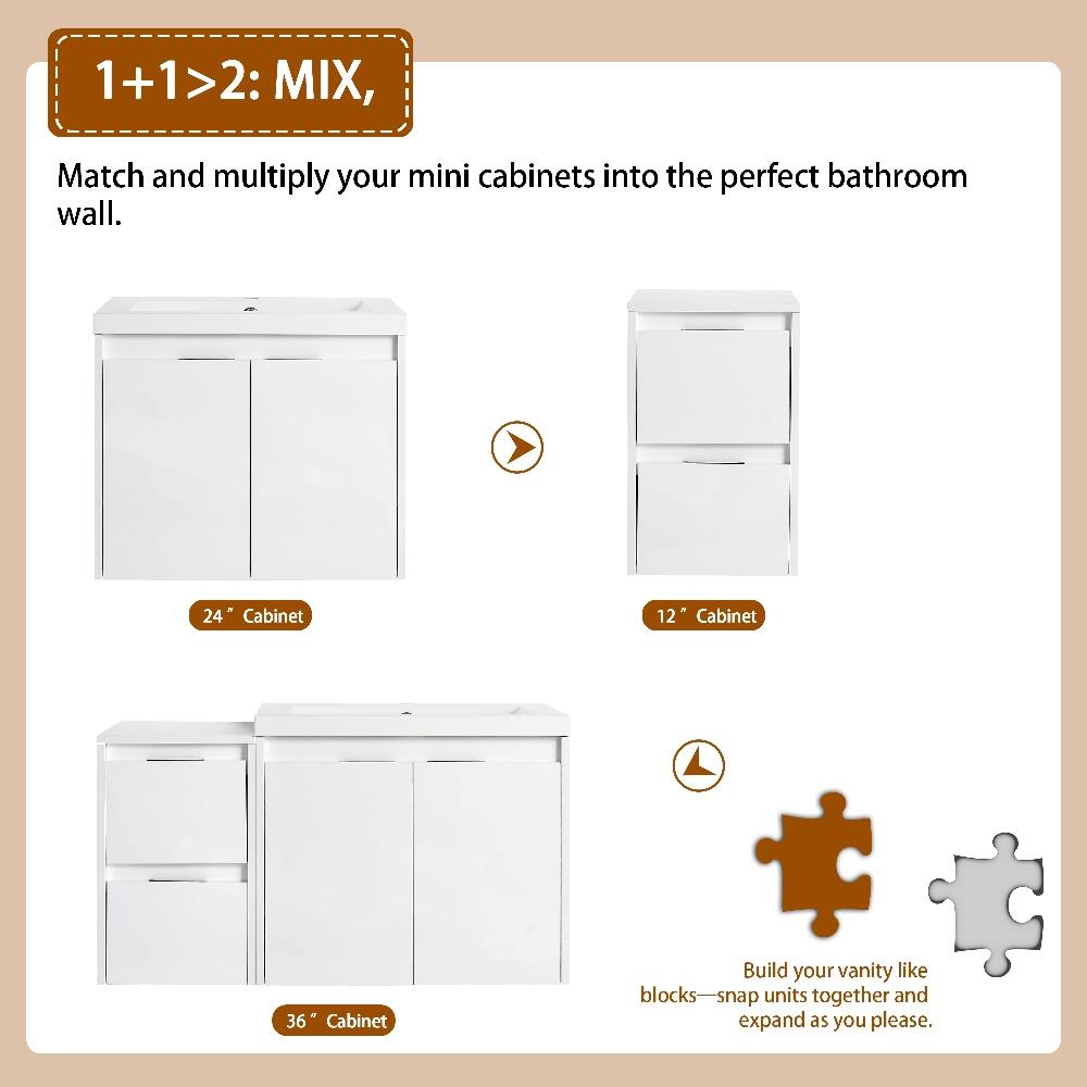 1+1>2: MIX,  
Match and multiply your mini cabinets into the perfect bathroom wall.  
24" Cabinet  
12" Cabinet  
36" Cabinet  
Build your vanity like blocks—snap units together and expand as you please.