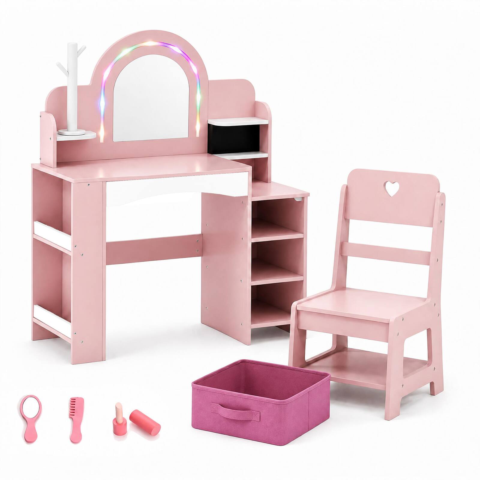 Alt View 1. Costway - Costway Kids Vanity Desk with Mirror and Lights Princess Pretend Play Makeup Table - Pink.