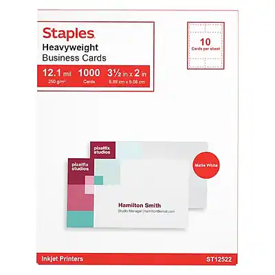 Staples Heavyweight Business Cards
12.1 mil 1000 Cards
3½ in x 2 in (8.89 cm x 5.08 cm)
250 g/m²
10 Cards per sheet
pixelfix studios
pixelfix studios
Hamilton Smith
Studio Manager
HamiltonSmith@pixelfixstudios.com
Matte White
Inkjet Printers
ST12522