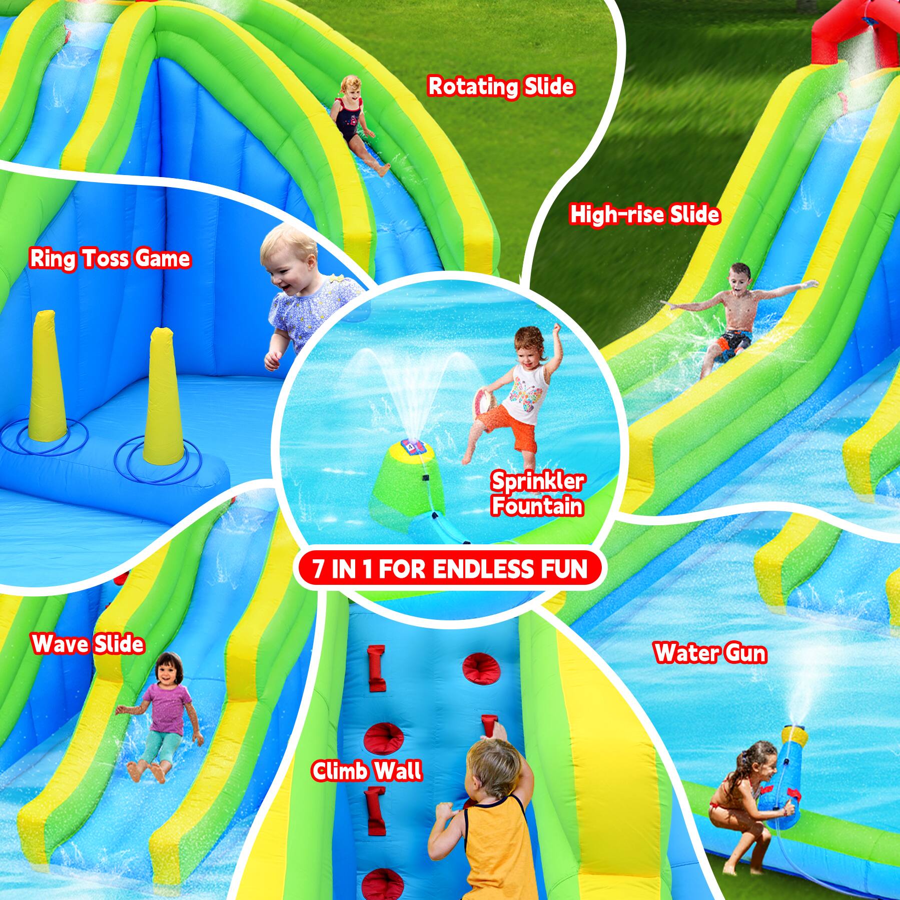 Rotating Slide Ring Toss Game High-rise Slide D Sprinkler Fountain 7 IN 1 FOR ENDLESS FUN Wave Slide Water Gun Climb Wall