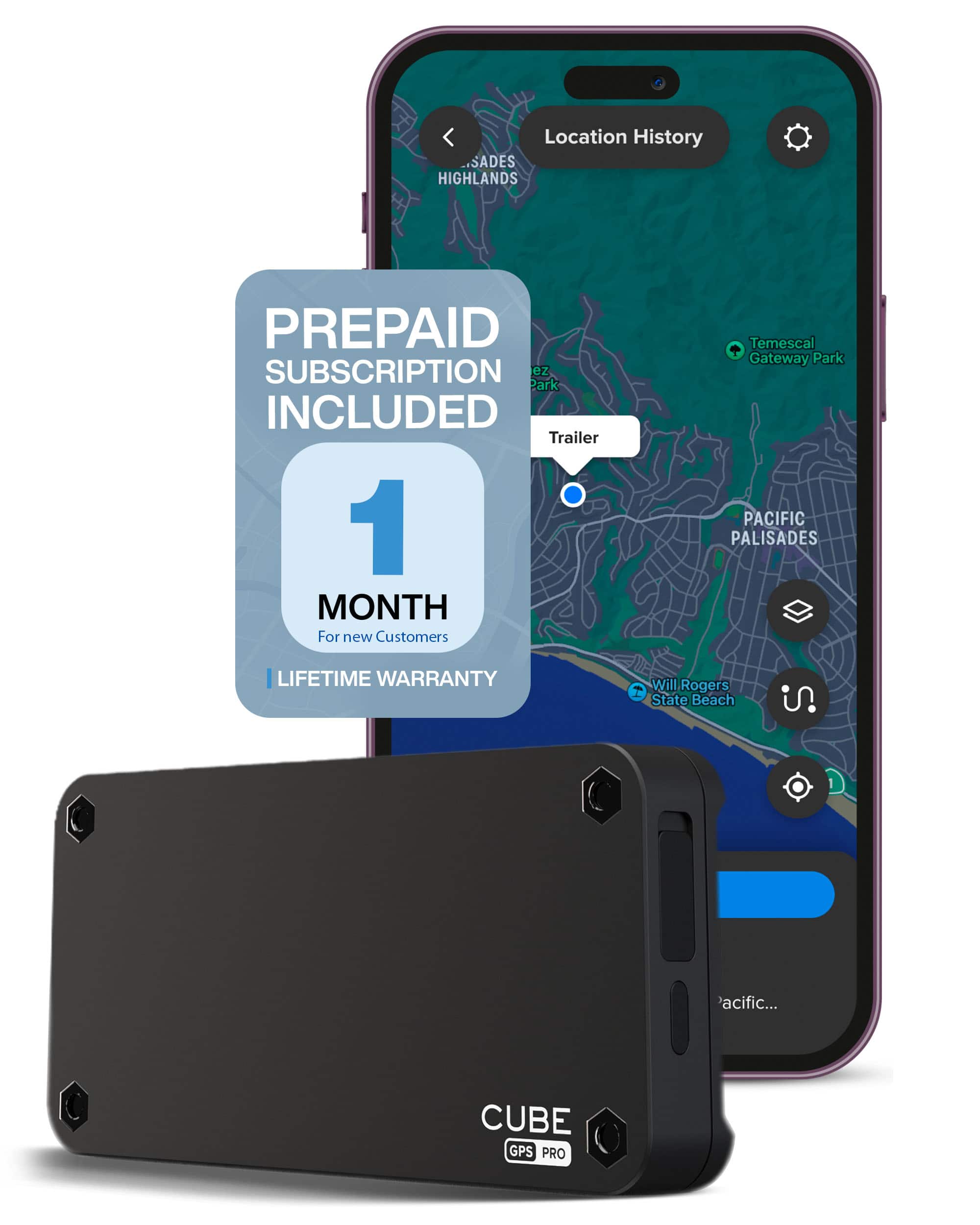 The image features a smartphone with a map application open, showing a location history. The phone also has a prepaid subscription included, which offers a one-month trial for new customers. The subscription includes access to ez Park, Temescal, and Gateway Park. The phone also comes with a lifetime warranty, making it an attractive option for users. The map application is likely used for navigation and tracking purposes, providing users with valuable information about their surroundings and the ability to explore new places.