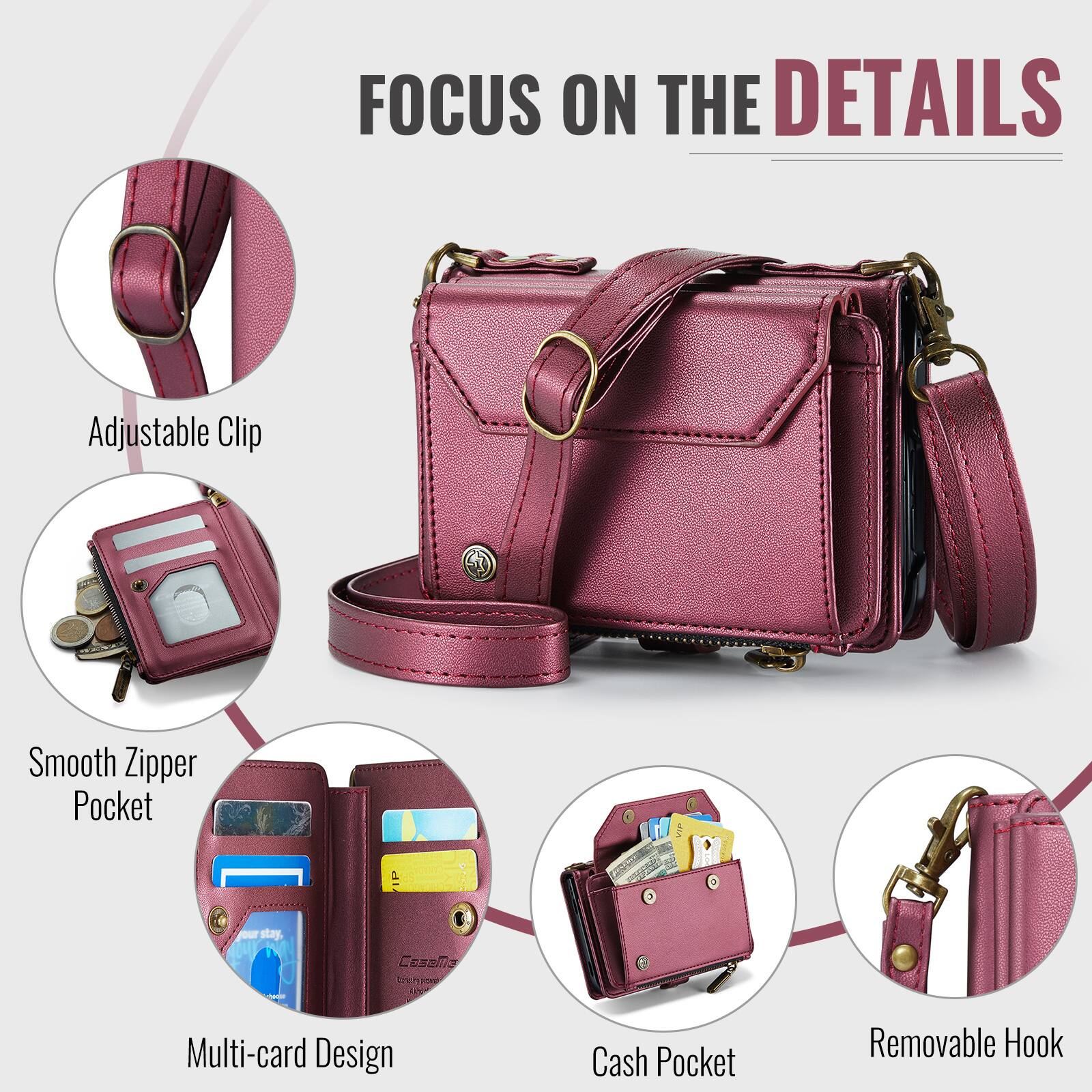FOCUS ON THE DETAILS

Adjustable Clip
Smooth Zipper Pocket
Multi-card Design
Cash Pocket
Removable Hook