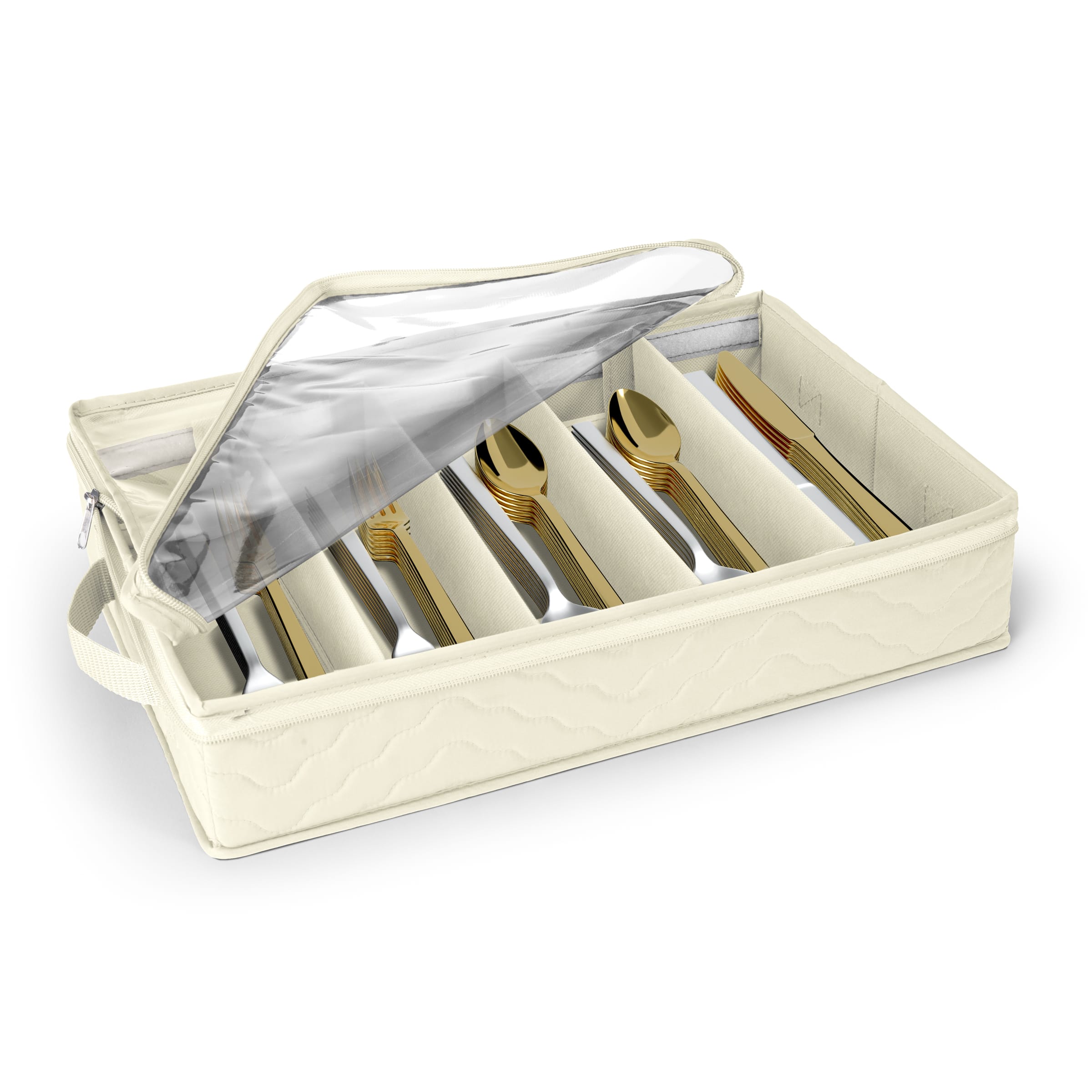 Sorbus - Fabric Chest Flatware & Silverware Organizer Box with Zipper Clear Lid & Adjustable Divider - Beige