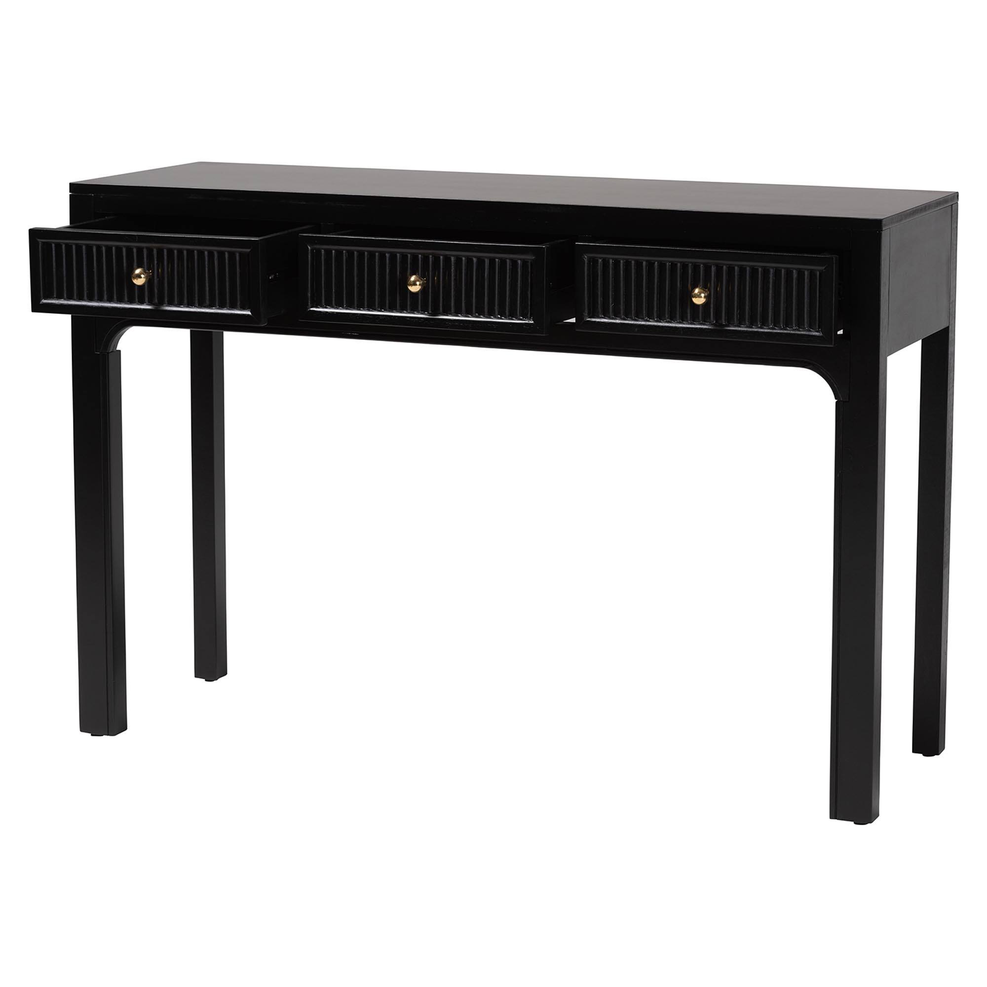 Angle. bali & pari - Leah Console Table - 3-Drawer Accent Table with Fluted Wood Detailing for Living Room, Hallway, or Entryway - Black.