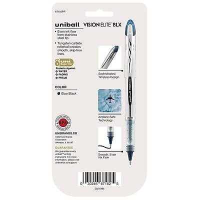 Sure, here is the corrected and grouped text:

---

**Product Information:**

- **Brand:** Uni-ball
- **Model:** Vision Elite BLX
- **Features:**
  - Even ink flow from stainless steel tip
  - Tungsten carbide rollerball creates smooth, skip-free lines
  - Protects against water, fading, and fraud
  - Sophisticated, timeless design
- **Color:** Blue Black
- **Country of Origin:** Japan
- **Technology:** Airplane-Safe Technology

**Additional Information:**

- **Website:** UNIBRANDS.CO
- **Customer Service:** Contact us at info@unibrands.com
- **Guarantee:** We guarantee smooth, even pen flow
- **Barcode:** 0 30246 67182 2
- **Product Number:** 2021905
- **Item Number:** 60187

**Packaging Details:**

- **Packaging:** Sophisticated, timeless design
- **Material:** Airplane-safe technology

---

This text is organized to reflect the information provided on the packaging.