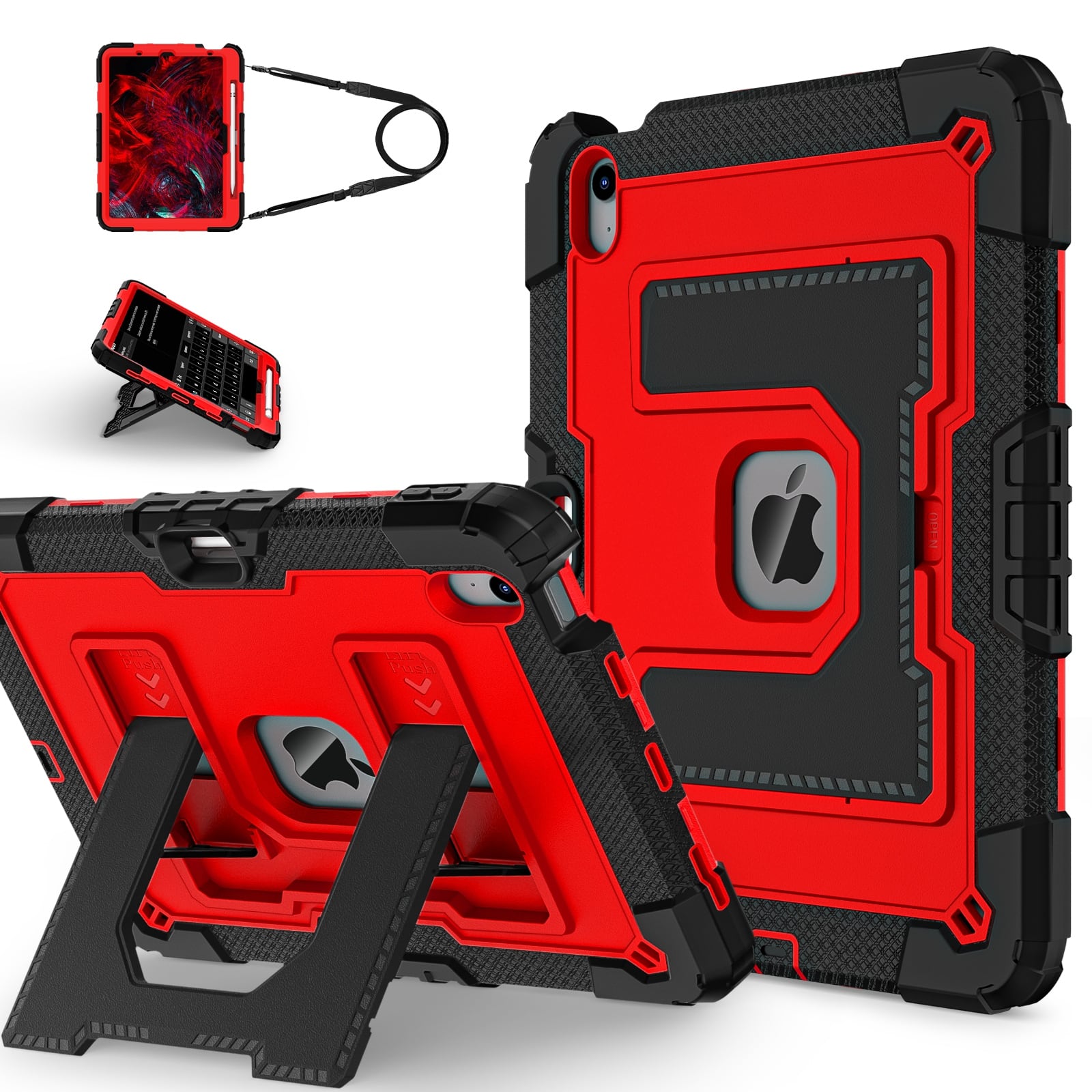 UUCOVER - Rugged Protective Case for iPad Air 11-inch M4 / M3 / M2 (2026/2025/2024) Shockproof Stand Cover with Shoulder Strap - Red+Black