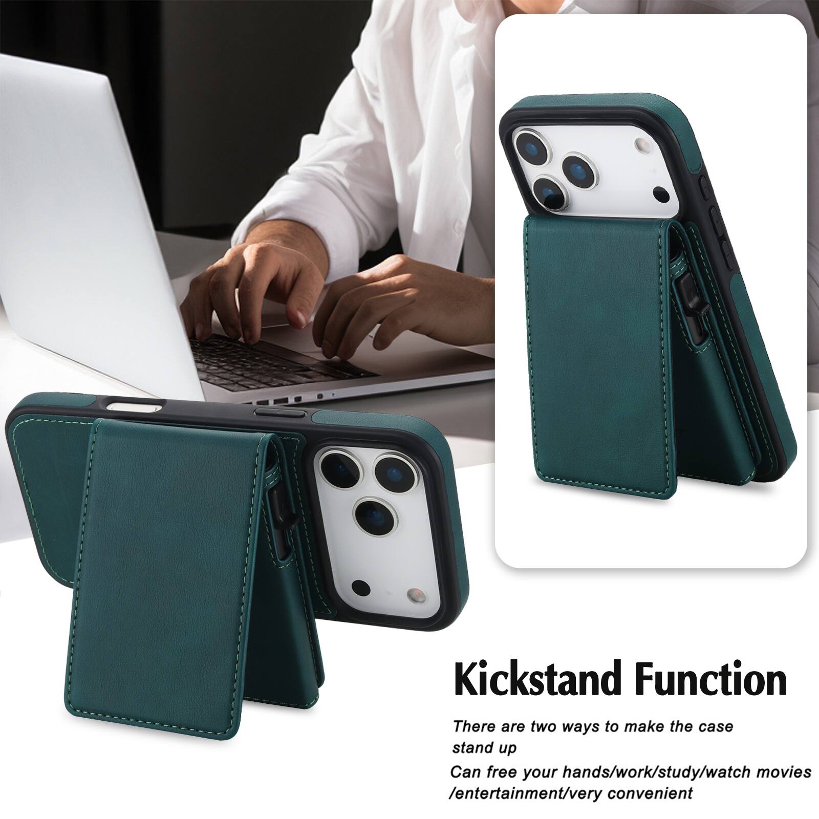 Kickstand Function

There are two ways to make the case stand up. Can free your hands/work/study/watch movies/entertainment/very convenient