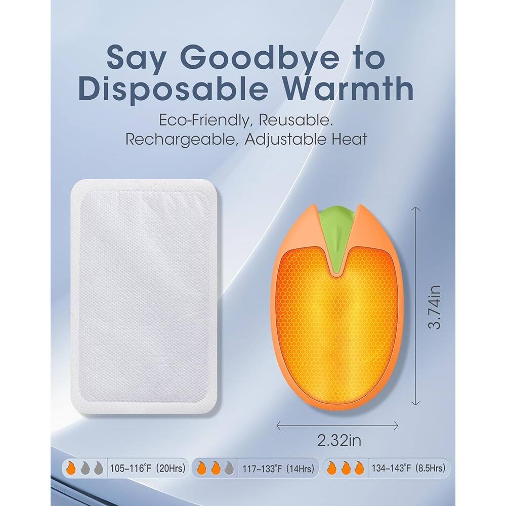 Say Goodbye to Disposable Warmth  
Eco-Friendly, Reusable, Rechargeable, Adjustable Heat  

3.74in x 2.32in  

105-116°F (20Hrs)  
117-133°F (14Hrs)  
134-143°F (8.5Hrs)