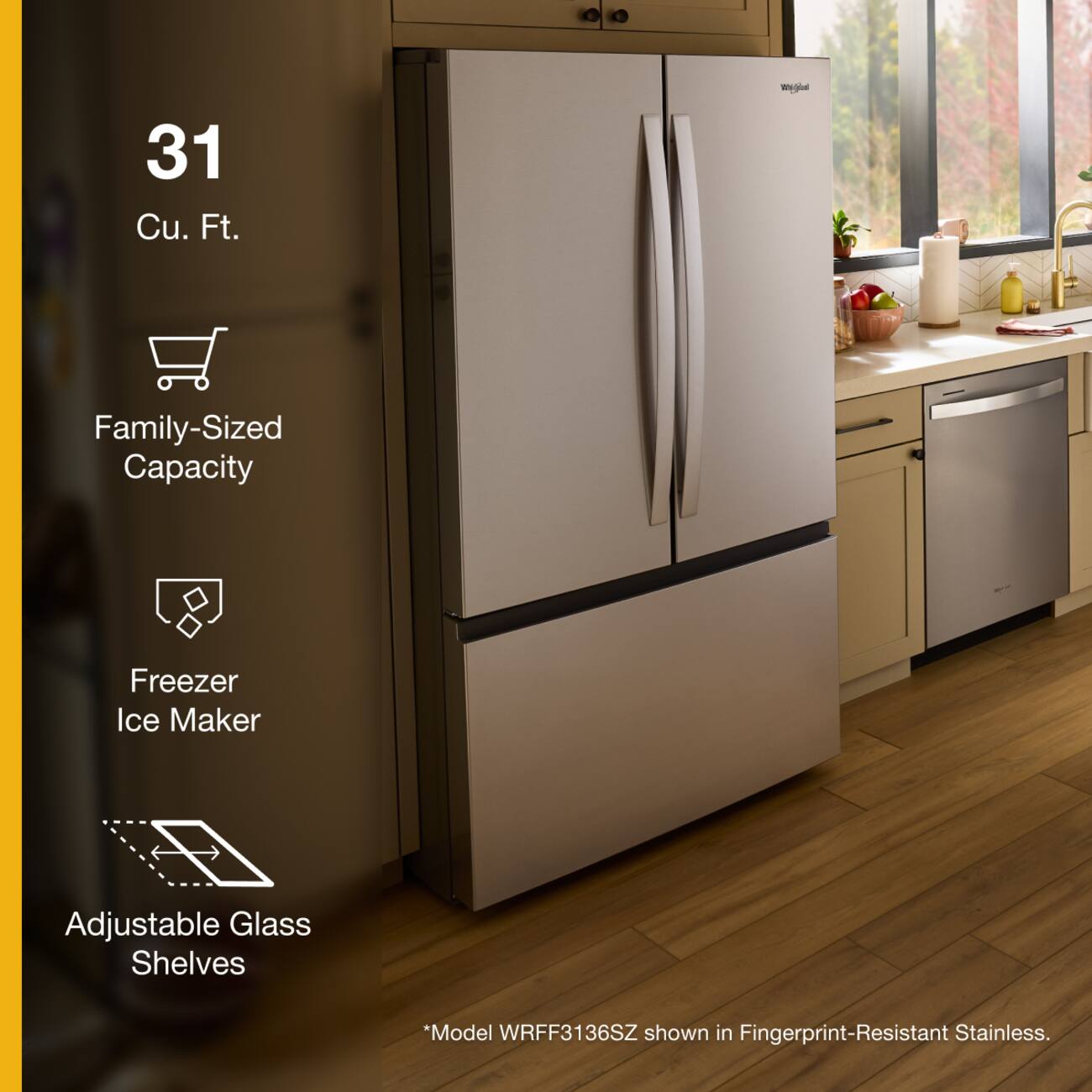 31 Cu. Ft. Family-Sized Capacity Freezer Ice Maker Adjustable Glass Shelves *Model WRFF3136SZ shown in Fingerprint-Resistant Stainless.