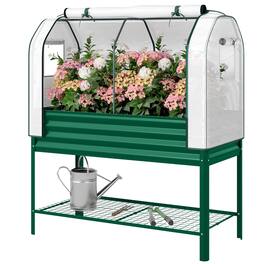 Outsunny - Raised Garden Bed with Greenhouse Cover, Metal Elevated Garden Bed with Bed Liner