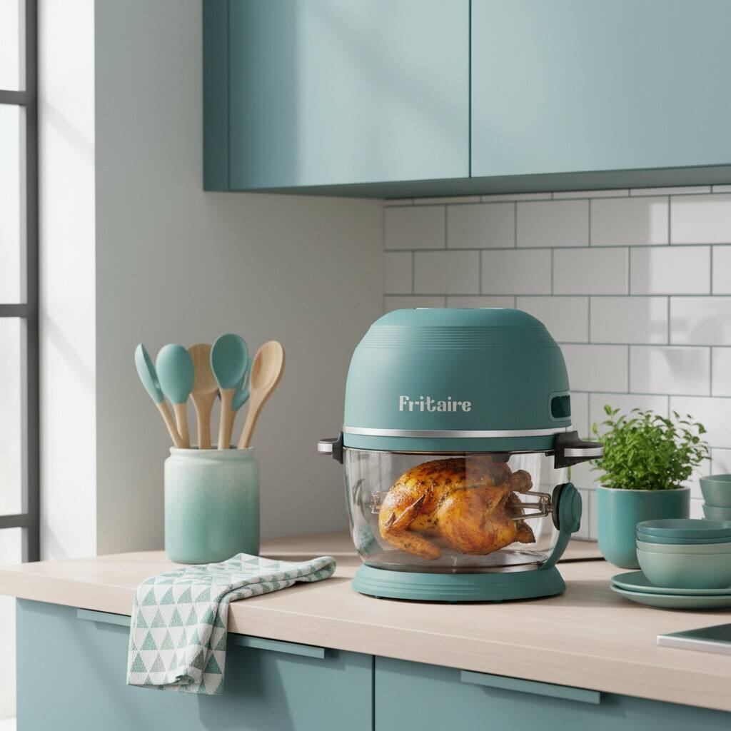Alt View 1. Fritaire - Non-Toxic Air Fryer - Glass Air Fryer, 5qt, Teflon-Free, PFOA- Free, w/ Accessories - Rotisserie and Tumbling Basket - Sage Green.