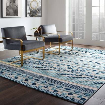 Front. Modway - Reflect Cadhla Vintage Abstract Geometric Lattice Indoor and Outdoor Area Rug - Ivory and Blue.