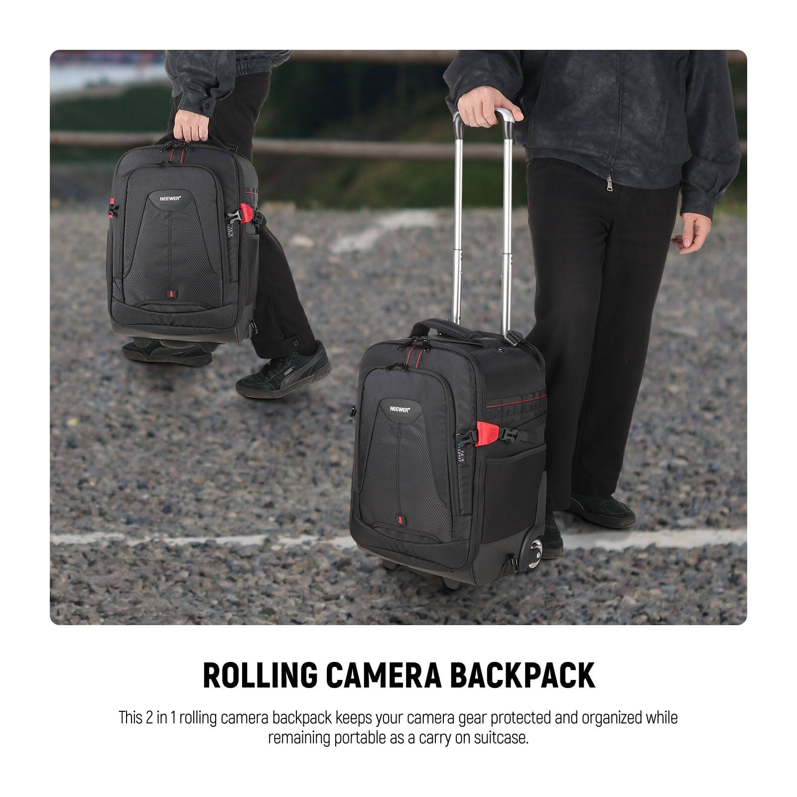 ROLLING CAMERA BACKPACK

This 2 in 1 rolling camera backpack keeps your camera gear protected and organized while remaining portable as a carry on suitcase.