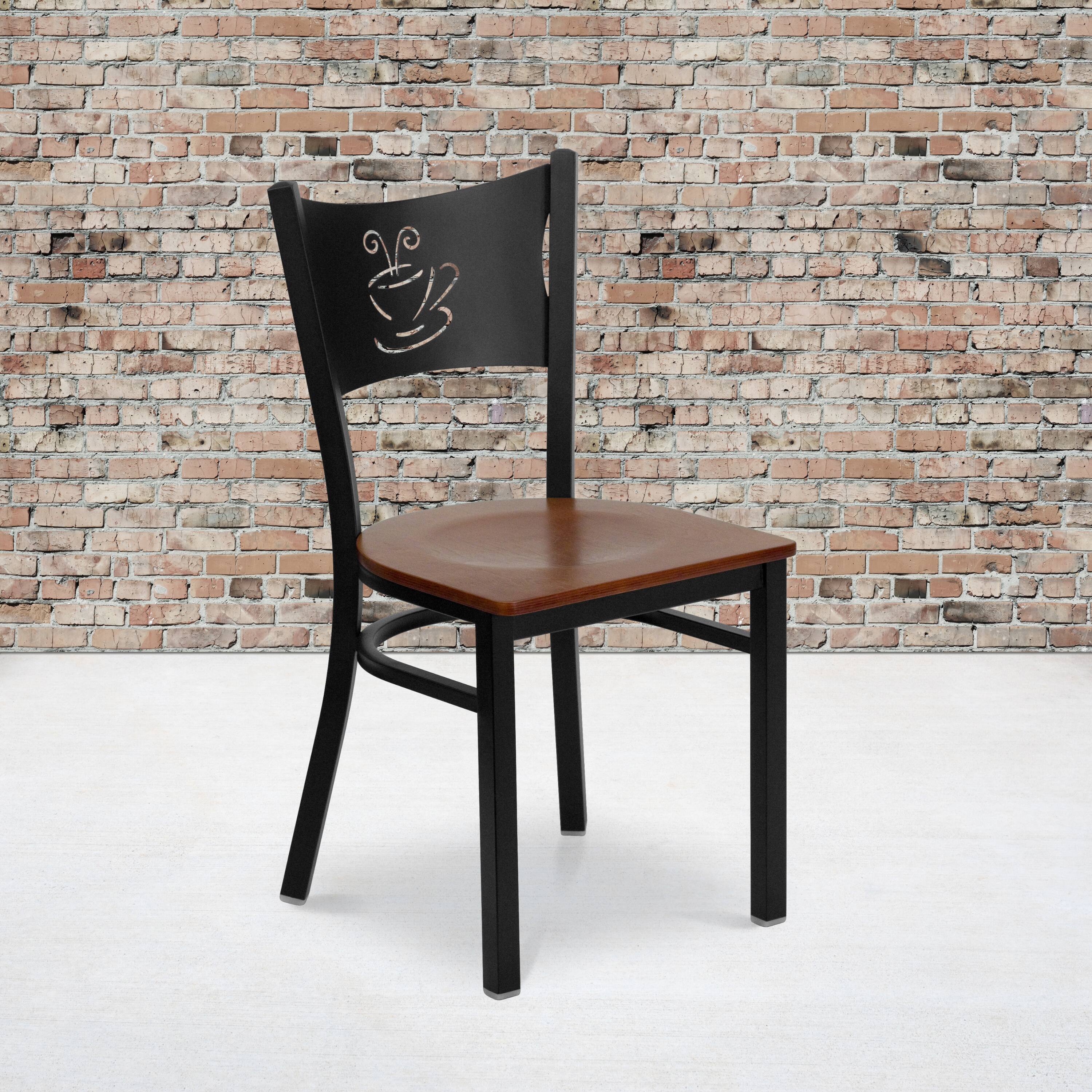 Alt View 1. Emma + Oliver - Coffee Back Metal Restaurant Dining Chair - Cherry Wood Seat/Black Metal Frame.