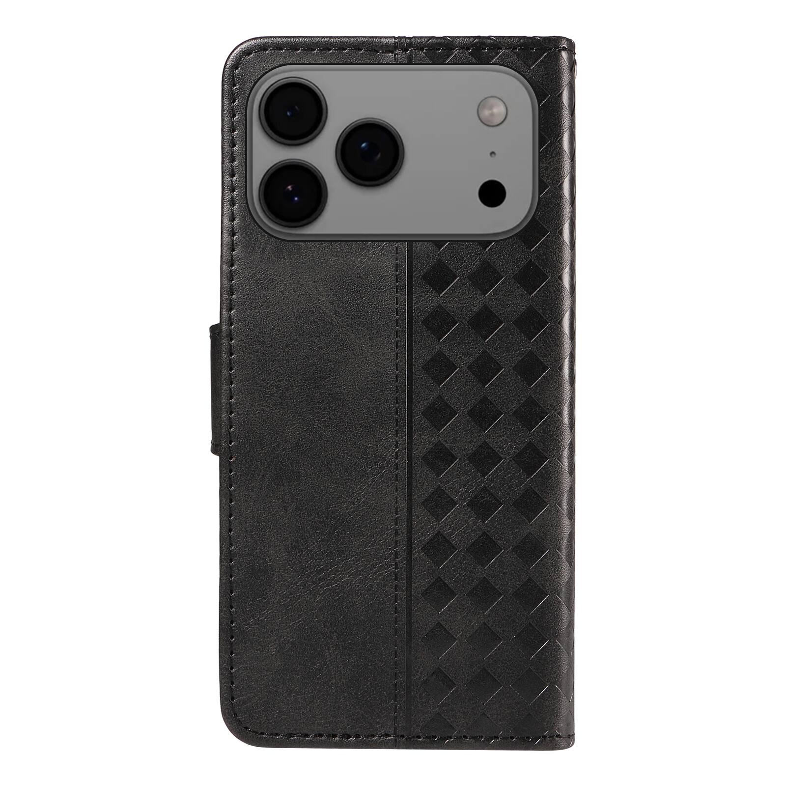 Back. Dteck - Magnetic Wallet Pocket Case For Apple iPhone 17 Pro, Shockproof Faux Leather Card Pocket Wrist Strap Cover - Black.