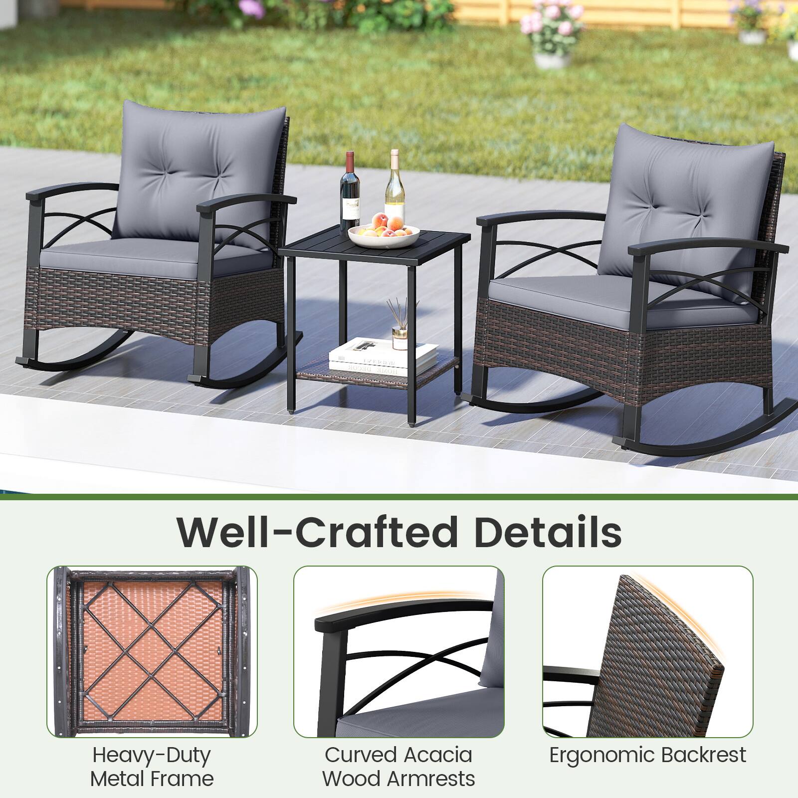 Well-Crafted Details

Heavy-Duty Metal Frame

Curved Acacia Wood Armrests

Ergonomic Backrest