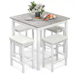 Costway - 5 PCS Bar Table Set Square Dining Table & 4 PVC Leather Upholstered Bar Stools - White
