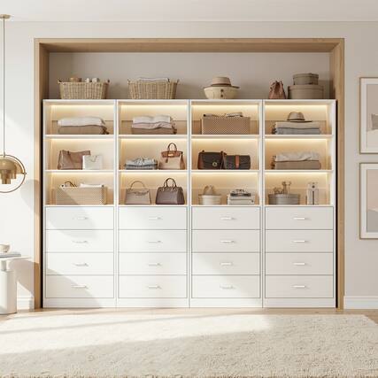 Front. Aheaplus - 7.1FT Freestanding Closet Organizer System 4-Piece Set, with 12 Wooden Drawers and 8 Shelves, Easy Assembly - White.