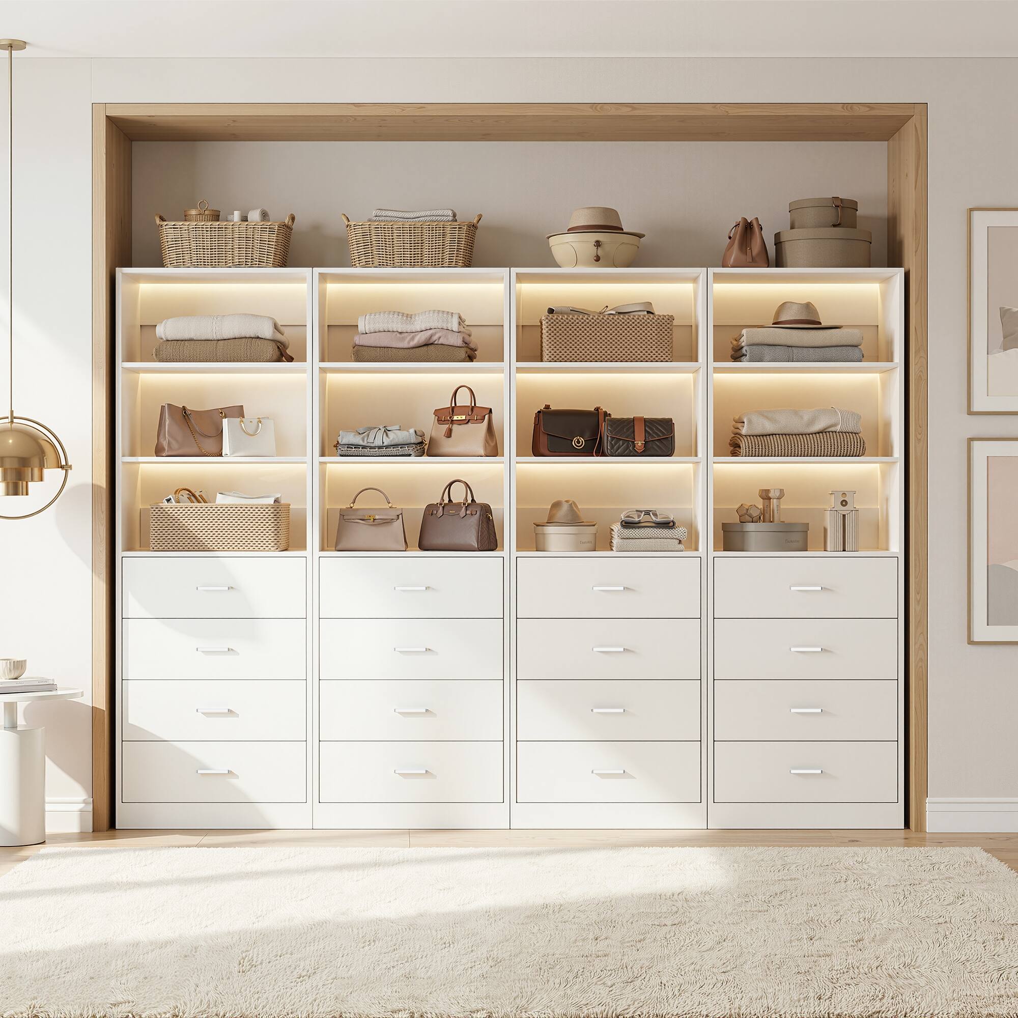 Front. Aheaplus - 7.1FT Freestanding Closet Organizer System 4-Piece Set, with 12 Wooden Drawers and 8 Shelves, Easy Assembly - White.