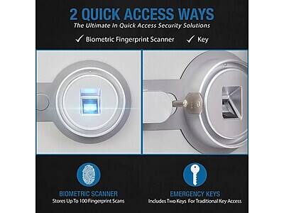 2 QUICK ACCESS WAYS  
The Ultimate In Quick Access Security Solutions  
Biometric Fingerprint Scanner Key  

BIOMETRIC SCANNER  
Stores Up To 100 Fingerprint Scans  

EMERGENCY KEYS  
Includes Two Keys For Traditional Key Access