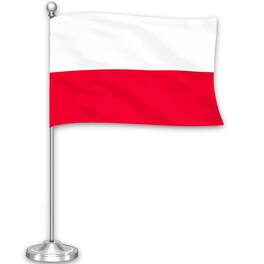 G128 - Poland Desk Flag Set, 8.5 x 5.5 in Flag on 15 in Metal Pole, Printed 300D Polyester with Silver Dome and Suede Base - Assorted Colors