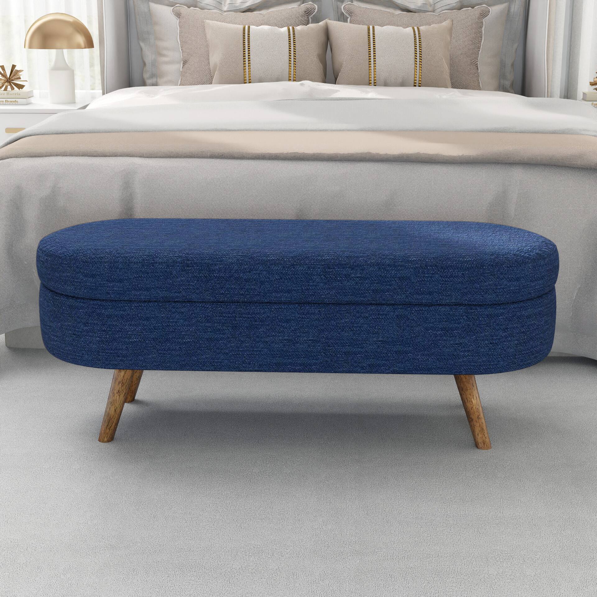 Back. GOODSILO - Elegant Fabric Storage Ottoman Bench with Wooden Legs for Living Room or Bedroom Footrest and Seating - Blue.