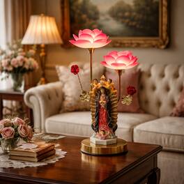 FC Design - 20"H Golden Color Religious Floral Design Statue with Pink Lotus Flowers Touch Lamp