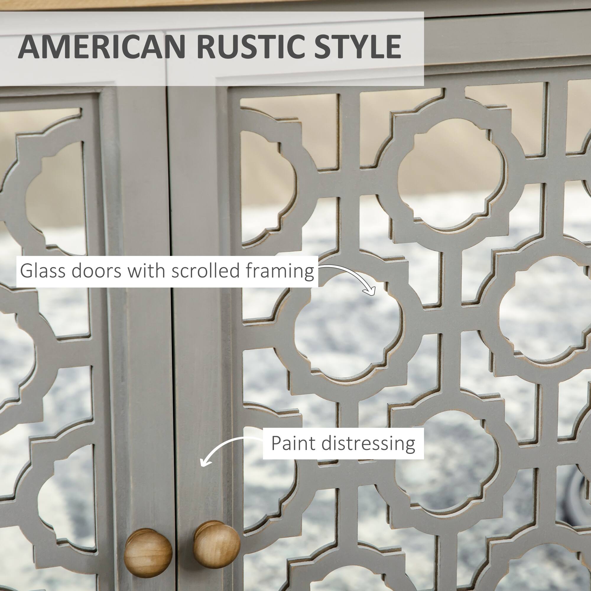 AMERICAN RUSTIC STYLE

Glass doors with scrolled framing

Paint distressing