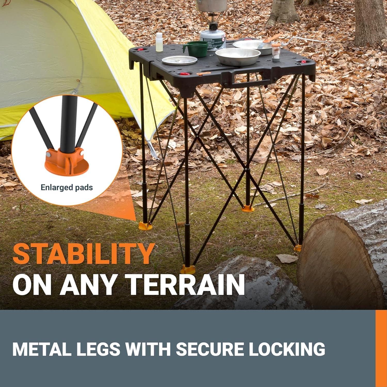The text on the image reads "Stability on any terrain. Metal legs with secure locking."