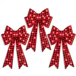 Best Choice Products - Set of 3 Pre-Lit Christmas Bows, Indoor/Outdoor LED Holiday Decor w/ 8 Light Functions - Plaid