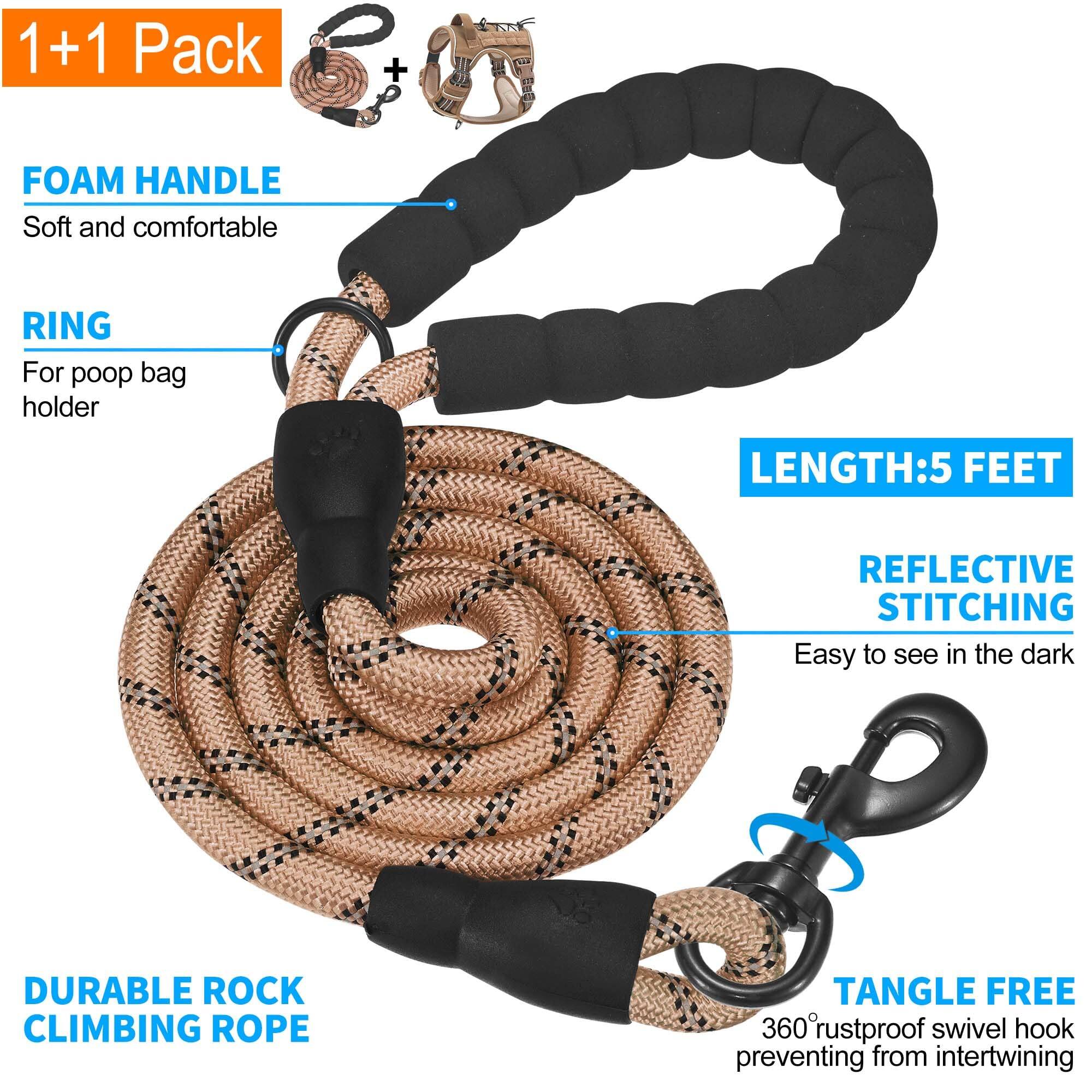 1+1 Pack

- FOAM HANDLE
  - Soft and comfortable

- RING
  - For poop bag holder

- LENGTH: 5 FEET

- REFLECTIVE STITCHING
  - Easy to see in the dark

- DURABLE ROCK CLIMBING ROPE

- TANGLE FREE
  - 360° rustproof swivel hook preventing from intertwining