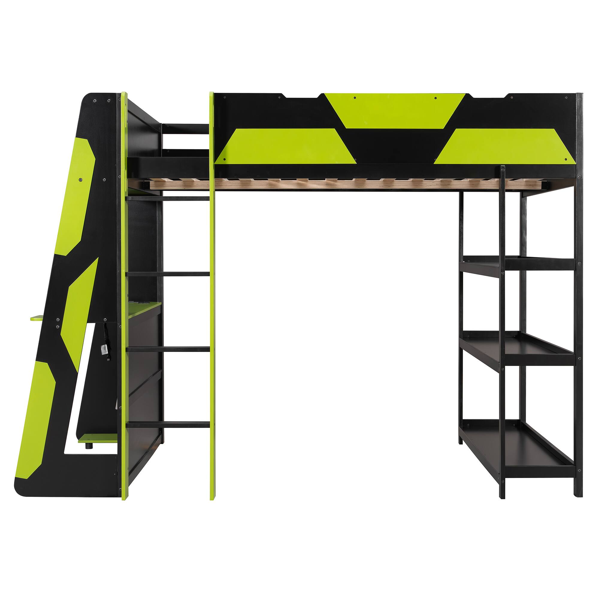 Back. Whisen - Full Size Loft Bed with Gaming Desk, Built-in Shelves, Power Station & LED Lights for Bedroom - Black|Green.