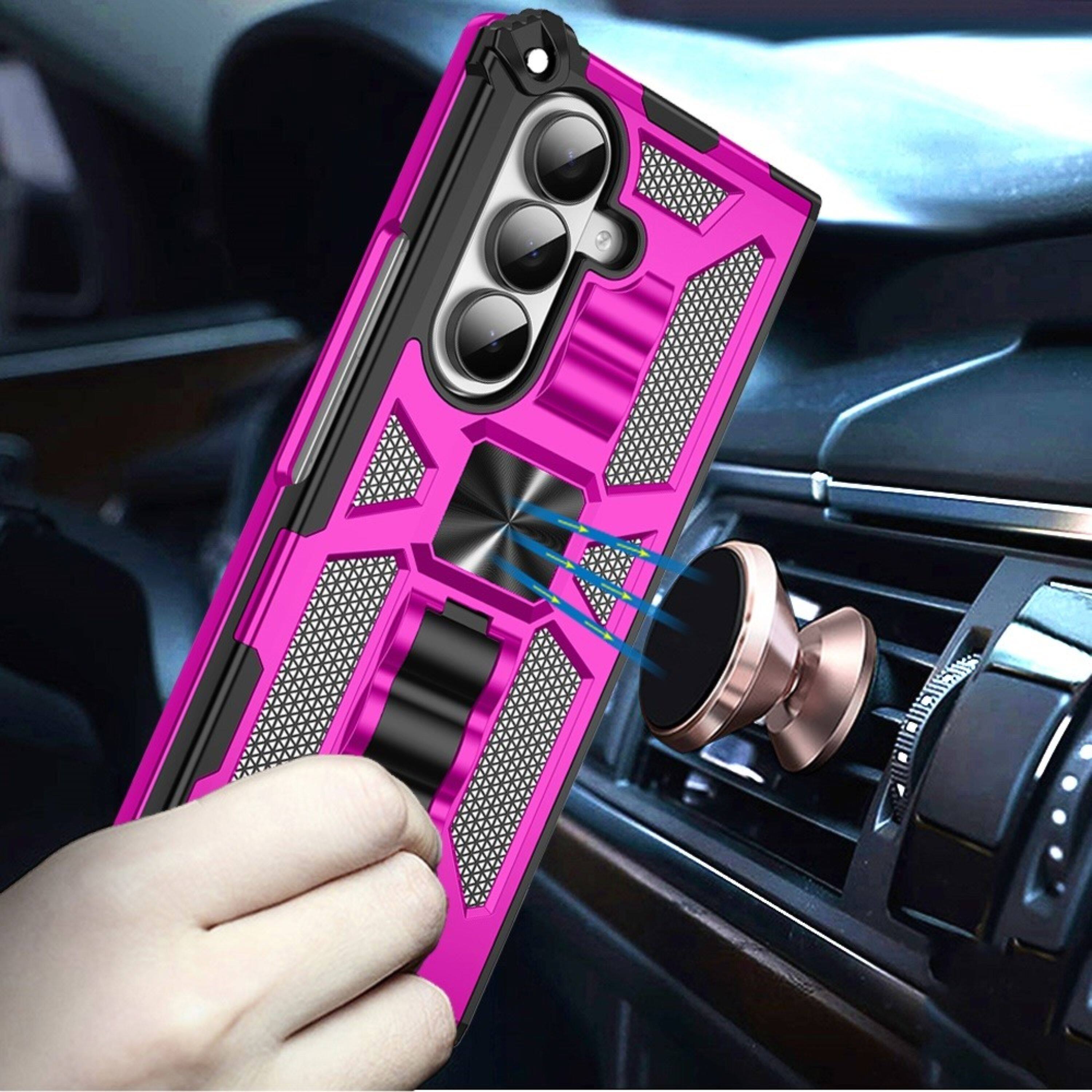 Left. Kitcheniva - Shockproof Case With Stand Metal Plate Tempered Glass For Samsung Galaxy Z Fold7 Hot Pink - Hot Pink.