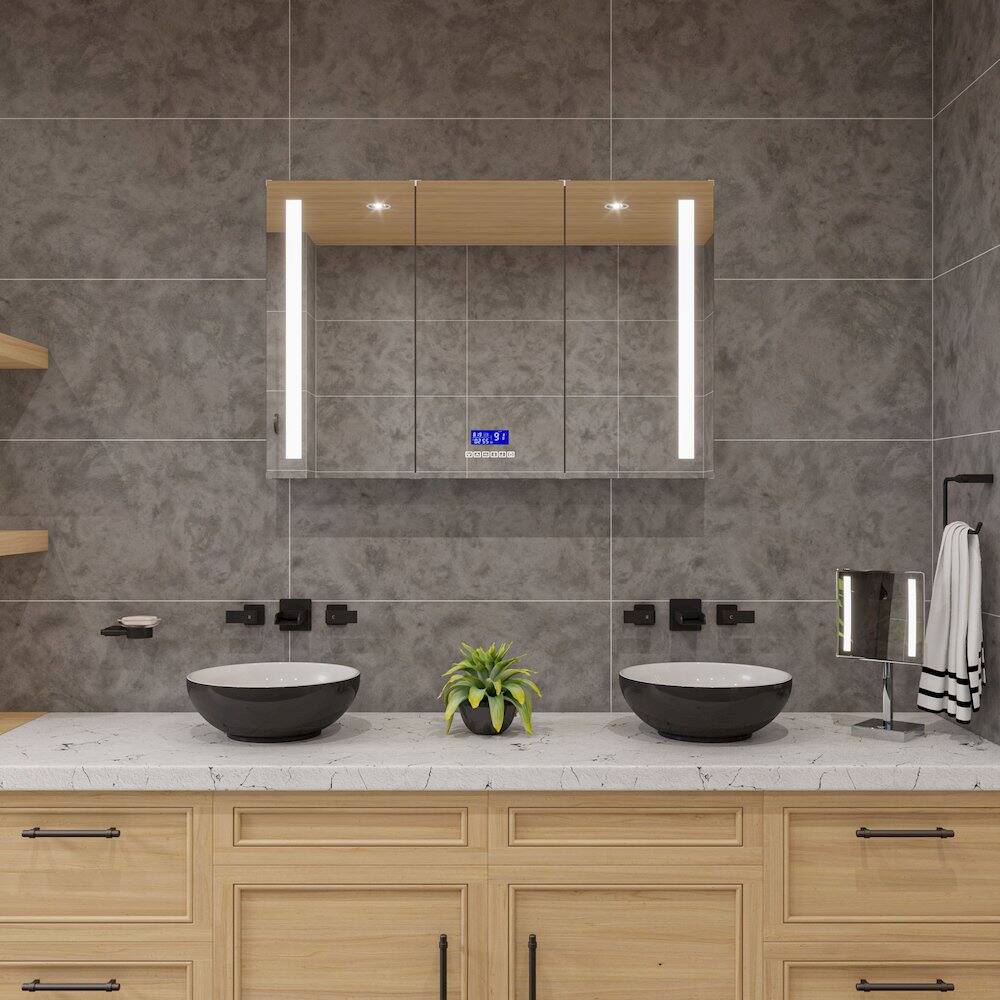 Angle. Alfi - Polished Chrome Tabletop Square 8" 5x Magnifying Cosmetic Mirror with Light - Silver.