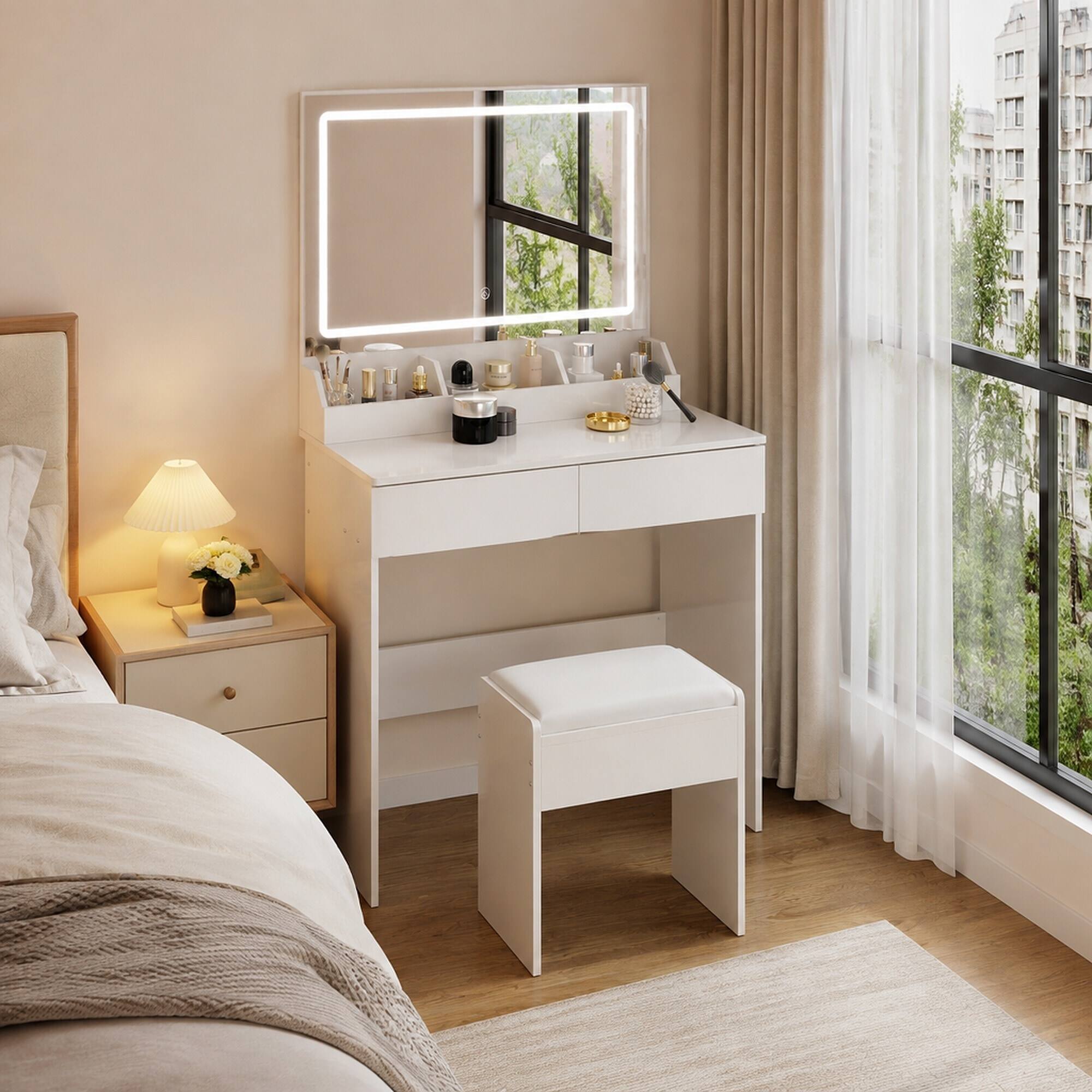 Back. RYHNUYNE - 31 x 20 in Extra Large LED Mirror Vanity Table Set, Touch Switch, 3 Color Lights, Cushioned Stool, Compact Storage - White.