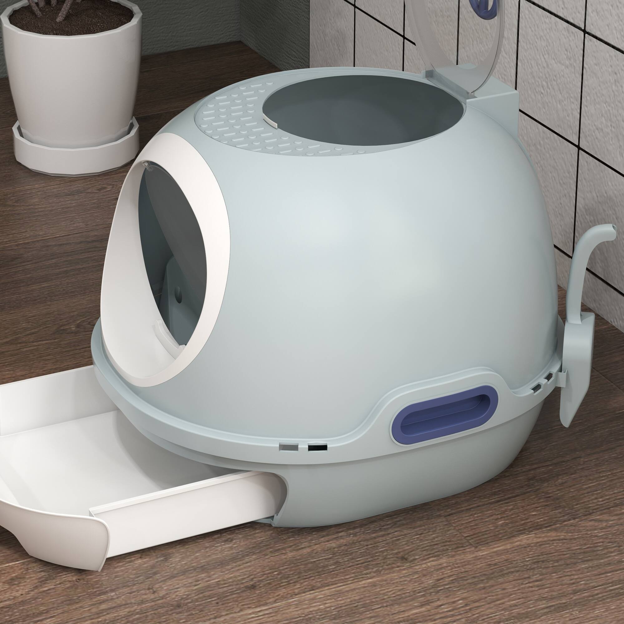 Alt View 5. Pawhut - Covered Cat Litter Box, Kitty Litter Box with a Lid, Scoop Enclosed Drawer & Skylight for Cats, Easy to Clean - Blue.