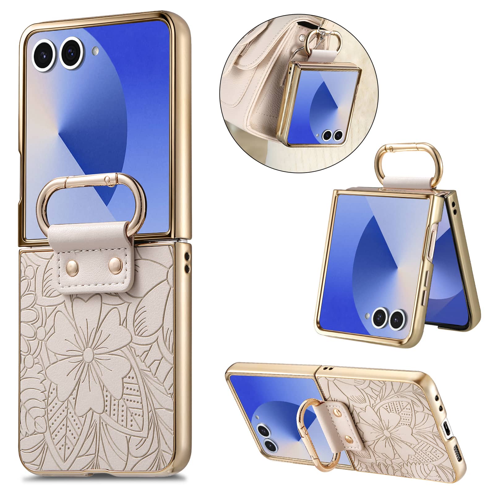 Dteck - Shockproof Floral Leather Texture Case for Samsung Galaxy Z Flip8, Electroplated Rigid Plastic Cover with Ring Holder - Beige price history on PriceWatchPro