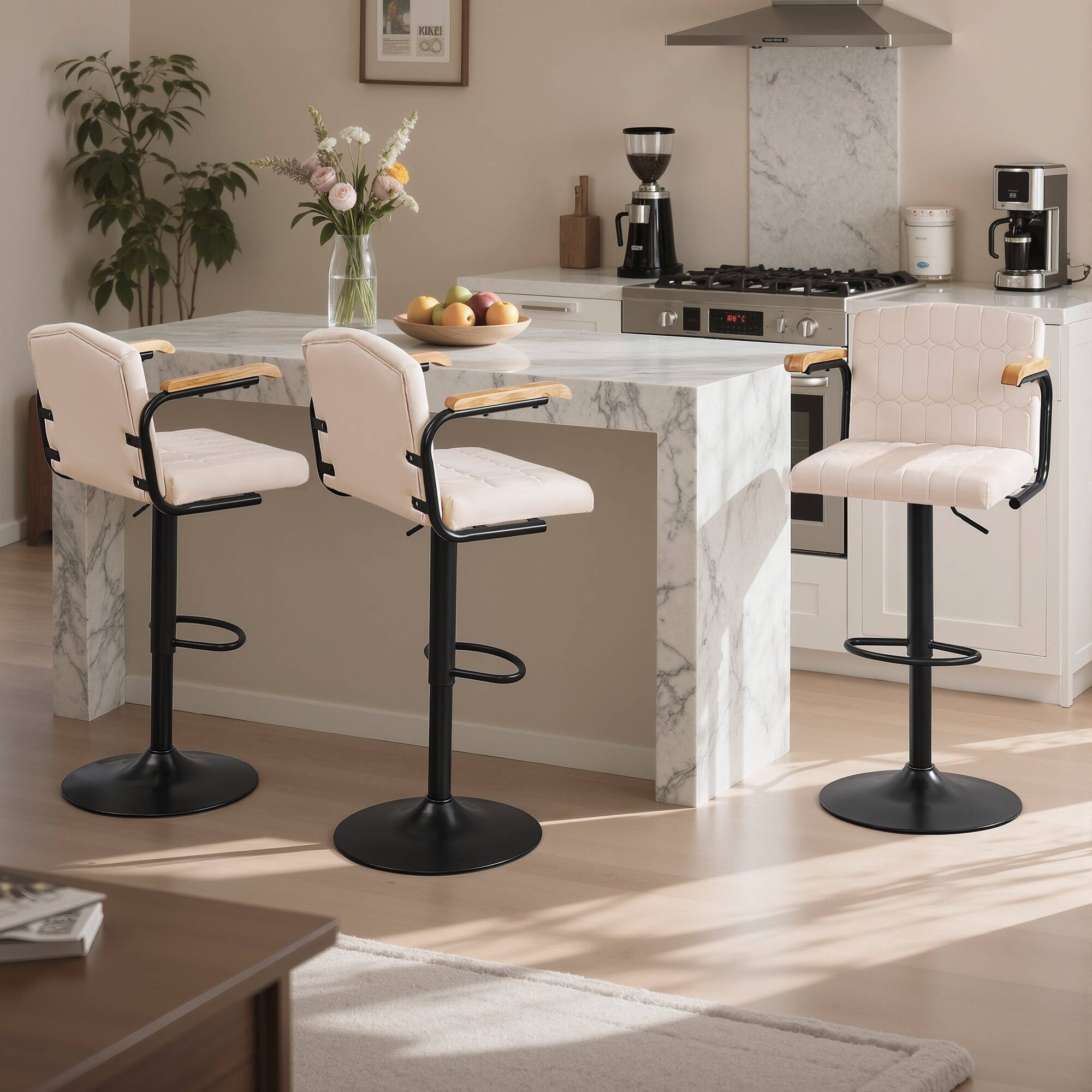 Back. Vecelo - Set of 4 Swivel Bar Stools with Adjustable Height - Beige Flocking Upholstered Counter Height Stools with  Footrest - Beige.