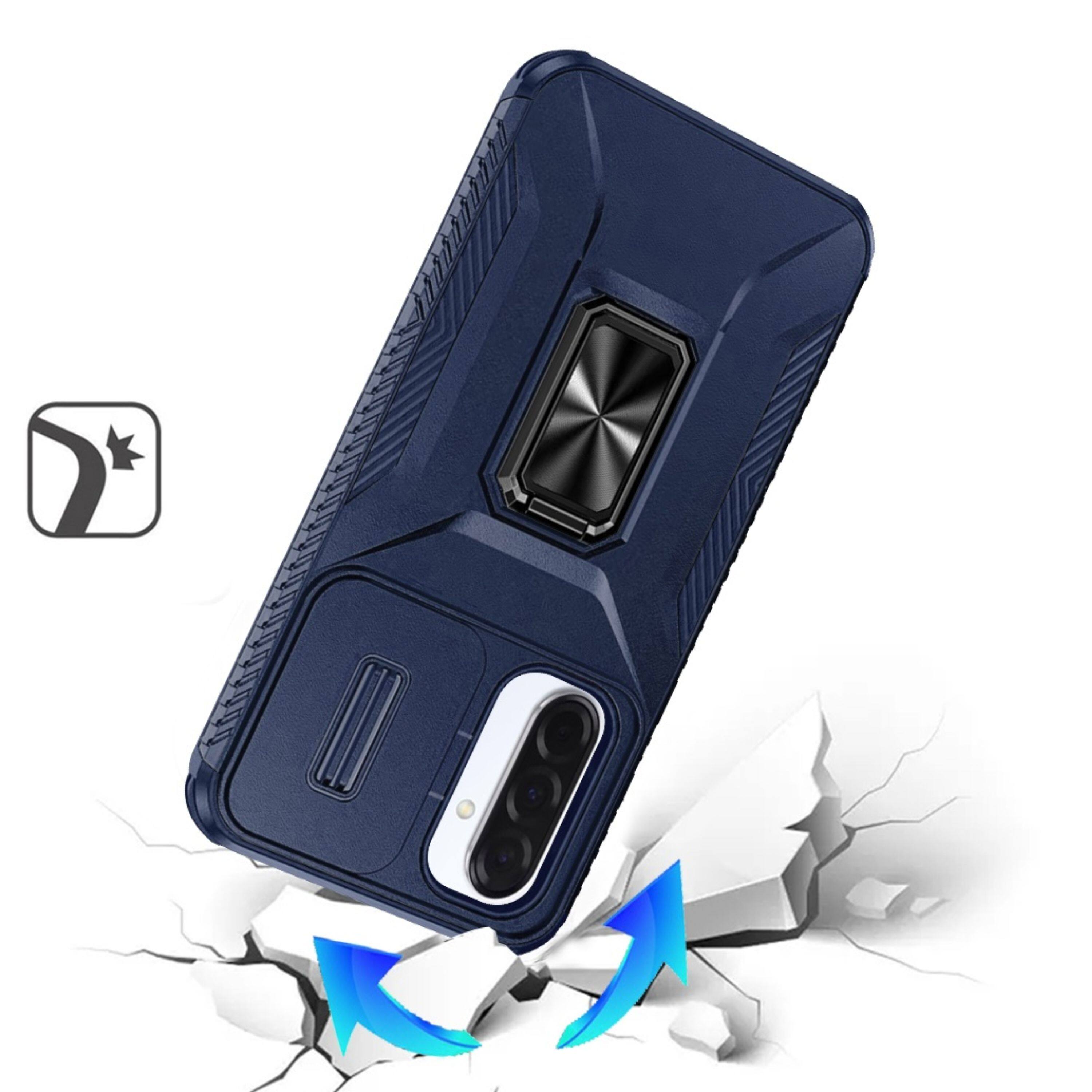 Angle. Kitcheniva - Full Coverage Metal Stand Lens Cover Phone Case With Tempered Glass For Samsung A57 5G Blue - Blue.