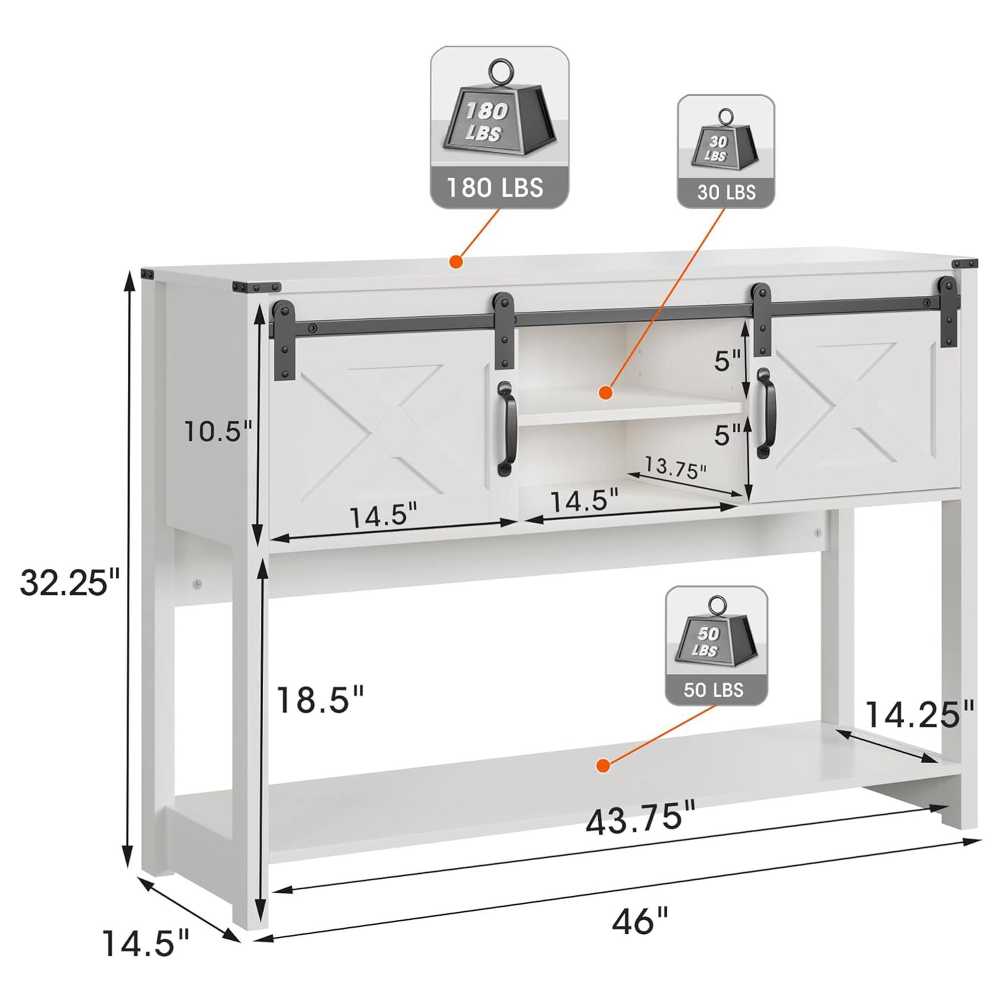 180 LBS  
30 LBS  
5"  
10.5"  
14.5"  
5'  
13.75"  
32.25"  
50 LBS  
18.5"  
43.75"  
14.25"  
46"