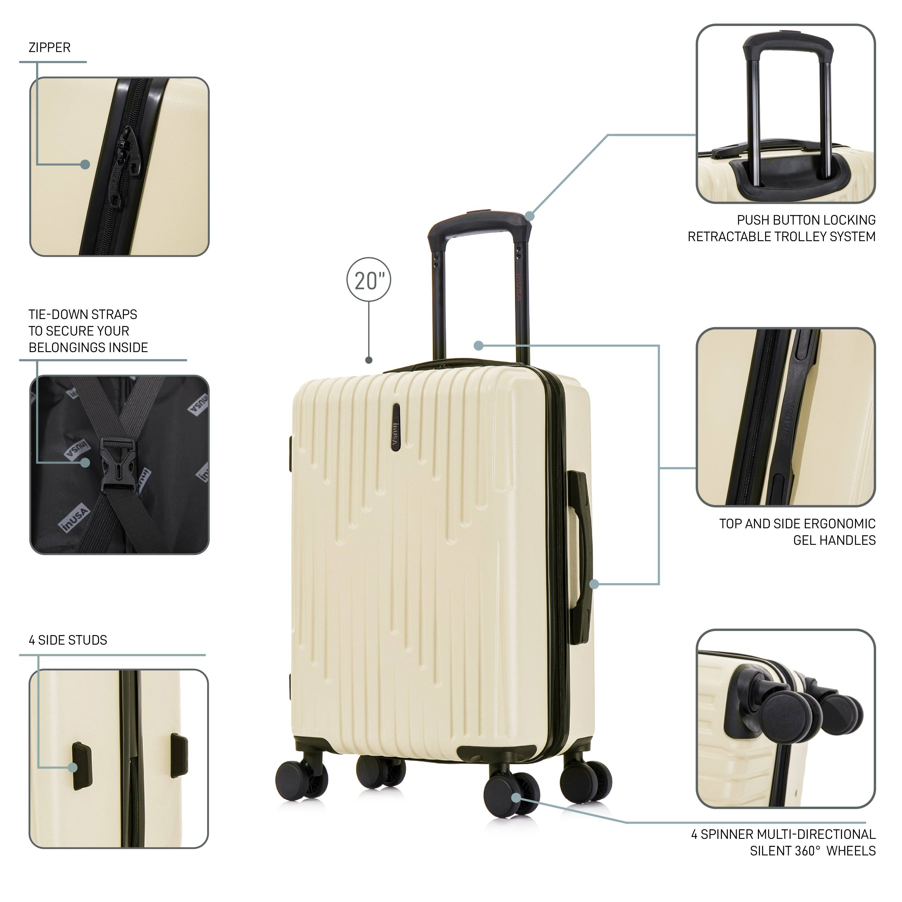 ZIPPER  
PUSH BUTTON LOCKING RETRACTABLE TROLLEY SYSTEM  
TIE-DOWN STRAPS TO SECURE YOUR BELONGINGS INSIDE  
4 SIDE STUDS  
TOP AND SIDE ERGONOMIC GEL HANDLES  
4 SPINNER MULTI-DIRECTIONAL SILENT 360° WHEELS