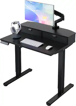 Front. HUANUO - 32" x 21" Electric Sit Stand Desk, Adjustable Office Desk with Drawers, Hooks and 4 Height Presets, C-Clamp Compatible - Black.
