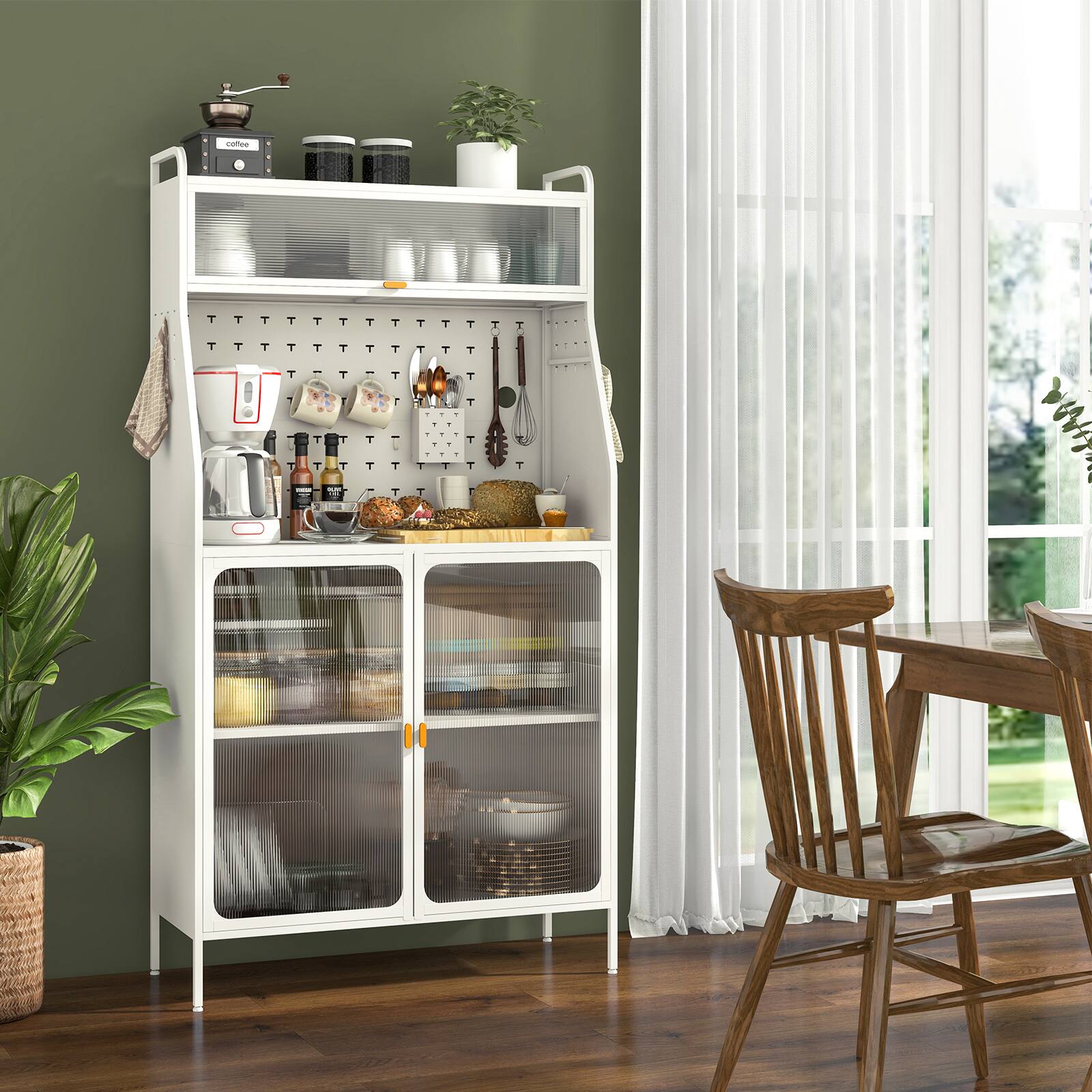 Alt View 9. Ecooso - 5 Tier Metal Baker’s Rack Sideboard Cabinet Organizer with Flip Up Door and Pegboard Storage - White.