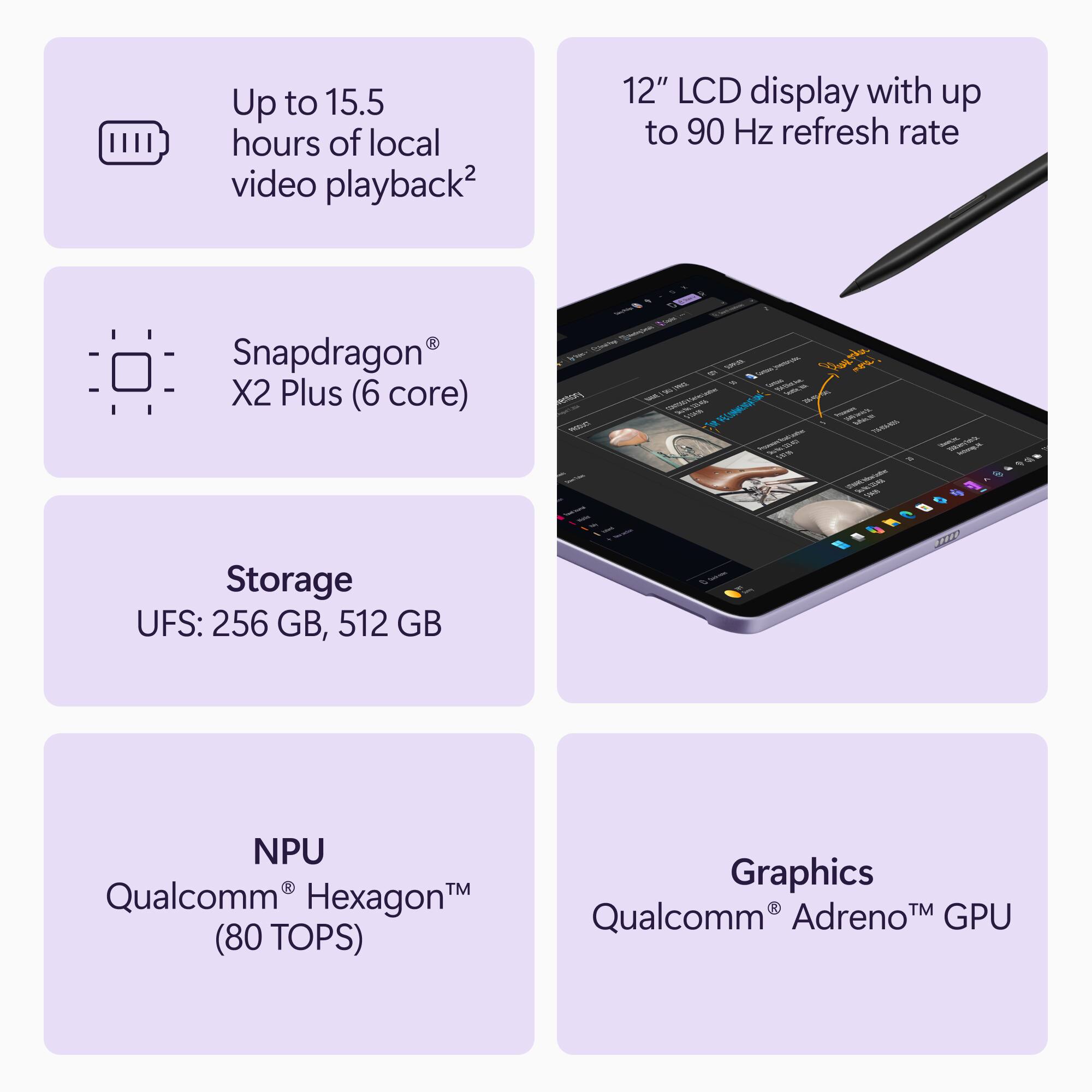 Up to 15.5 hours of local video playback2

12" LCD display with up to 90 Hz refresh rate

Snapdragon X2 Plus (6 core)

Storage UFS: 256 GB, 512 GB

NPU Qualcomm Hexagon (80 TOPS)

Graphics Qualcomm Adreno™ GPU