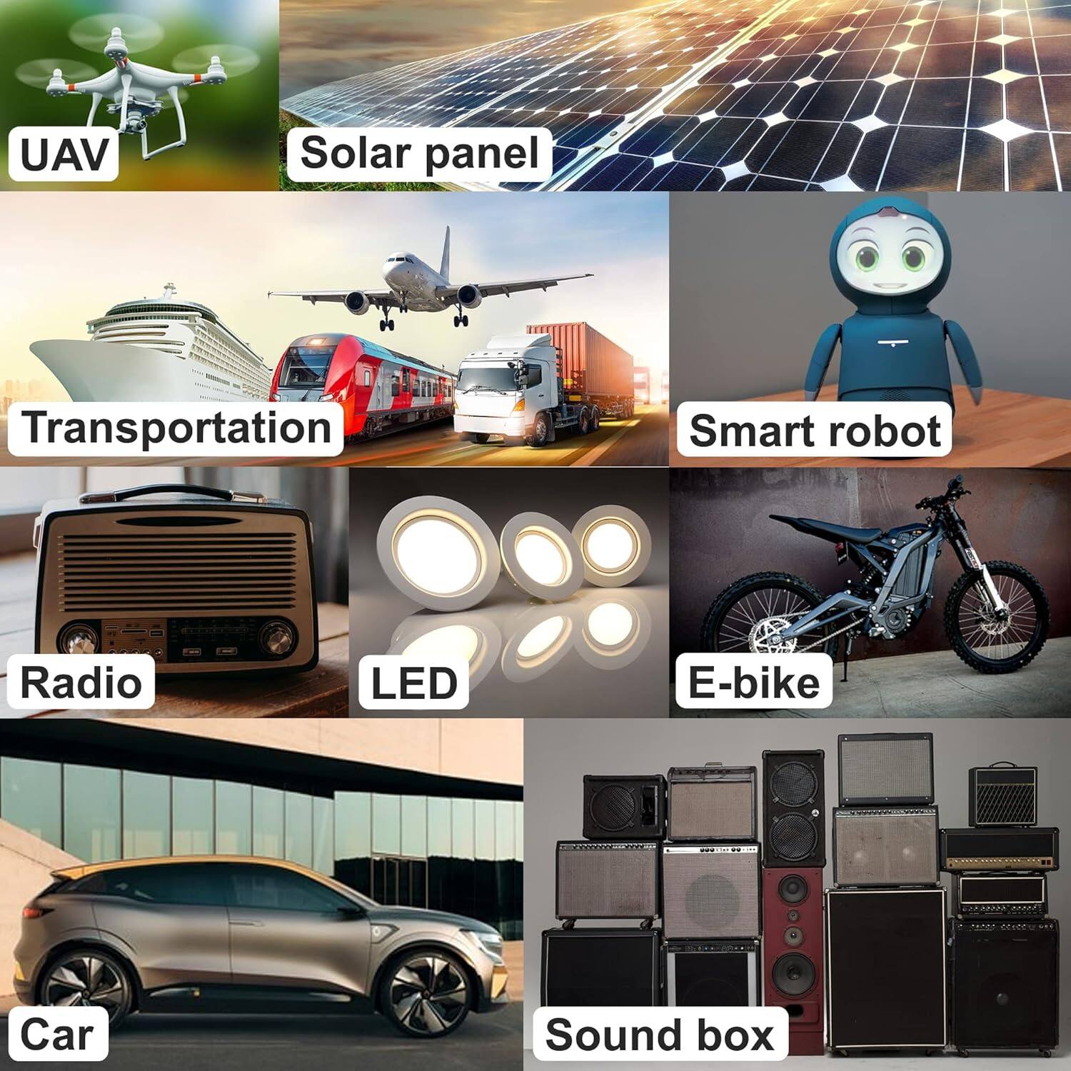 - UAV
- Solar panel
- Transportation
- Smart robot
- Radio
- LED
- E-bike
- Car
- Sound box