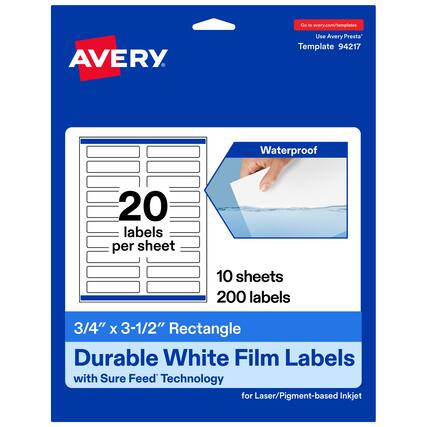 Go to avery.com/templates
Use Avery Presta™ Template 94217
Waterproof
20 labels per sheet
10 sheets
200 labels
3/4" x 3-1/2" Rectangle
Durable White Film Labels with Sure Feed™ Technology for Laser/Pigment-based Inkjet