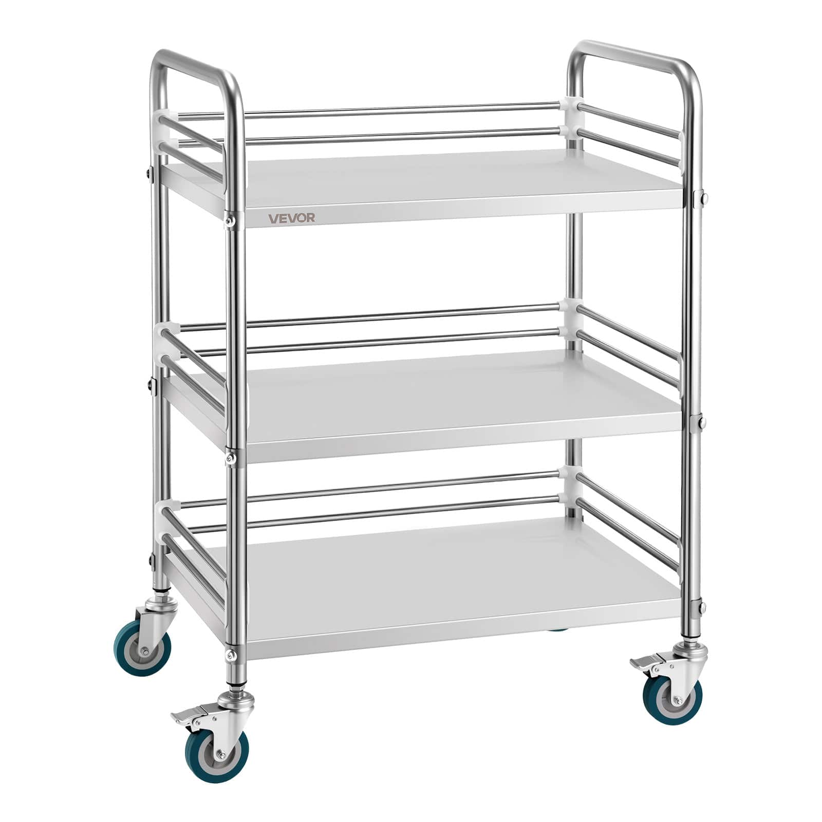 VEVOR - Stainless Steel Cart, 3-Tier Rolling Lab Utility Cart with Lockable Wheels, Medical Serving Trolley Clinic Tray - Silver