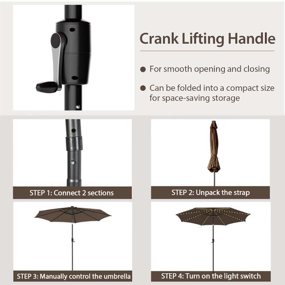 Crank Lifting Handle

- For smooth opening and closing
- Can be folded into a compact size for space-saving storage

STEP 1: Connect 2 sections
STEP 2: Unpack the strap
STEP 3: Manually control the umbrella
STEP 4: Turn on the light switch